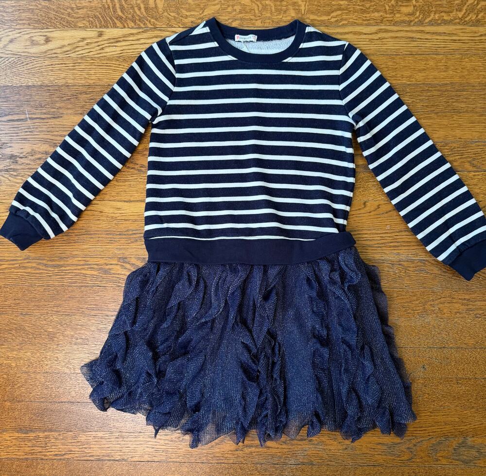 Crewcuts Girls' Navy Striped Tulle Sweatshirt Dress Size 8